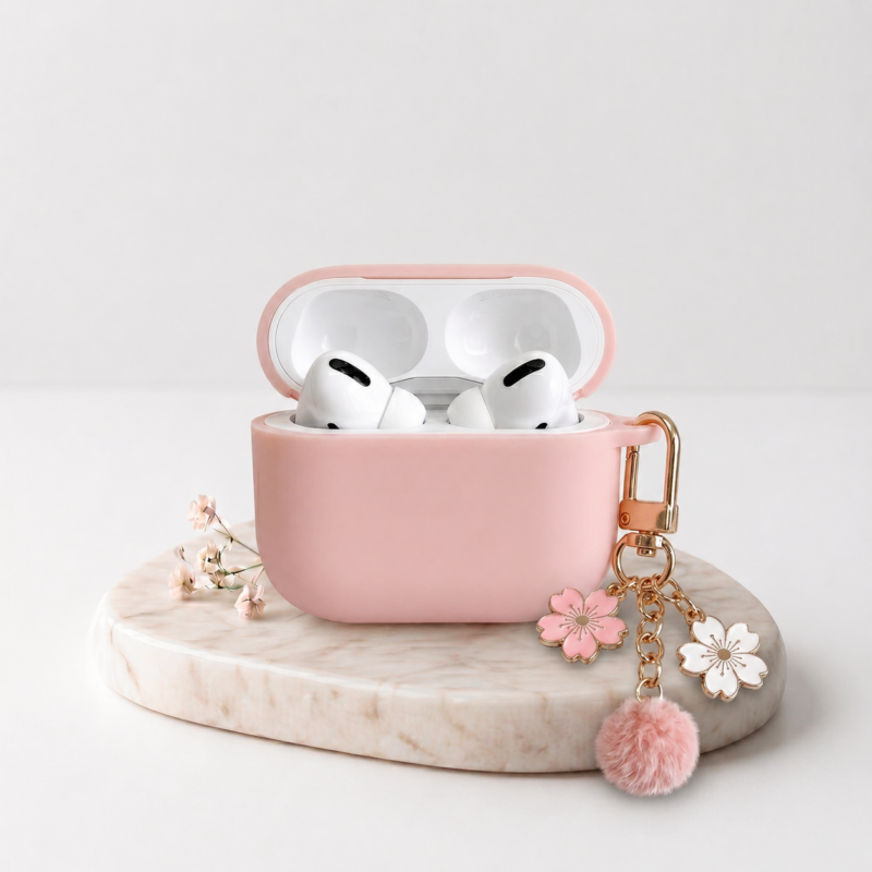Funda Rosa Lisa Para AirPods Pro 2 Con Colgante Floral