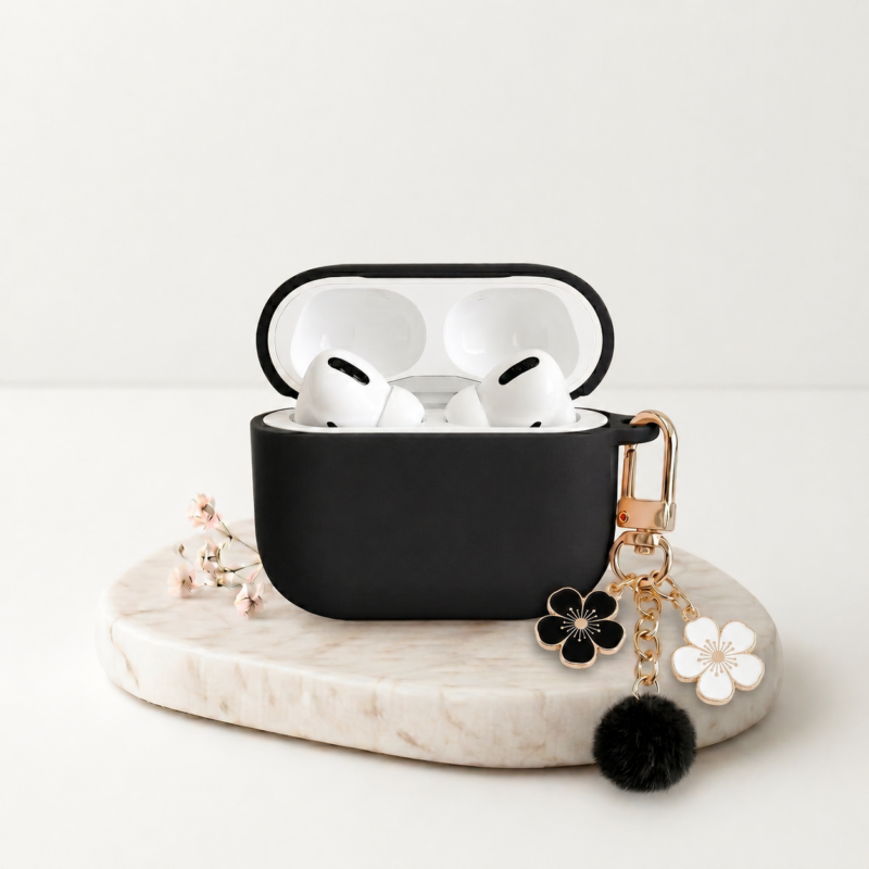 Funda Negra Lisa Para AirPods Pro 2 Con Colgante Floral
