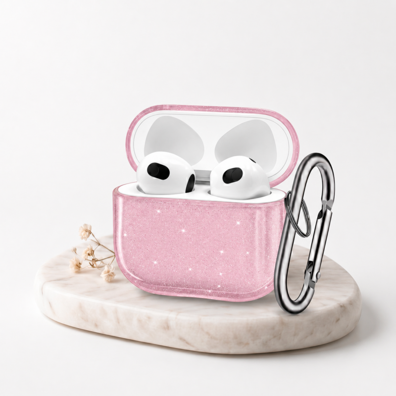 Funda Brillosa Rosa Para AirPods Pro 2 Con Gancho